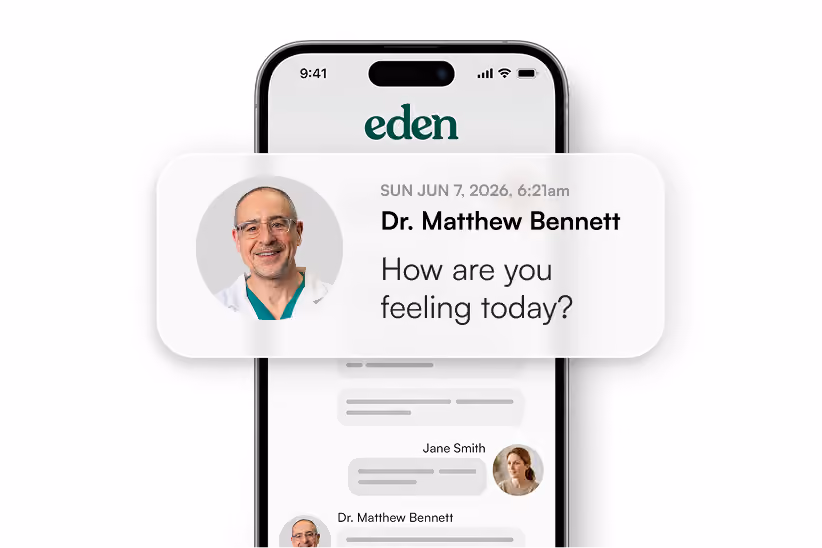 Smartphone screen with a message from Dr. Matthew Bennett asking, 'How are you feeling today?'