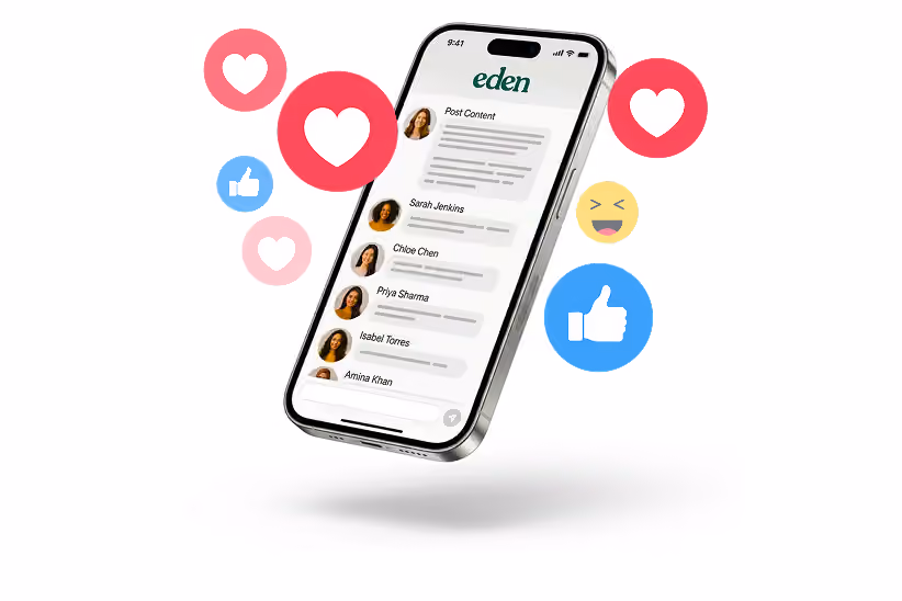 Smartphone showing a social app named Eden with user comments and floating emoji reactions.