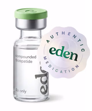 Clear vial with green cap labeled compounded tirzepatide with Authentic Eden Medication seal.