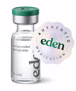 Clear vial with green cap labeled compounded semaglutide with Authentic Eden Medication seal.