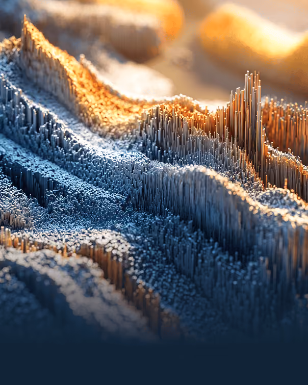 Abstract 3D landscape of densely packed vertical rods lit by warm and cool light creating peaks and valleys.