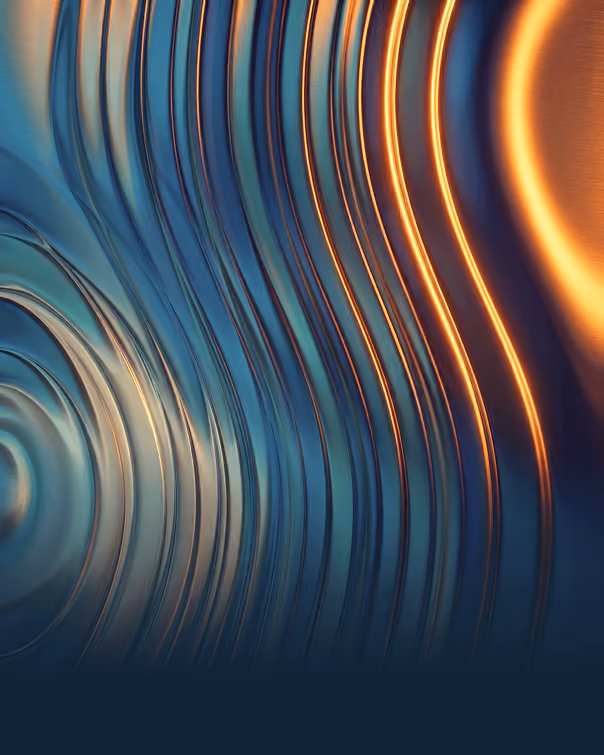 Abstract close-up of curved, ridged metallic surface with blue and glowing orange highlights.
