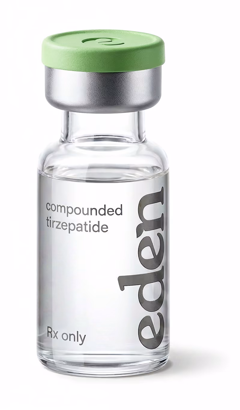 Clear Eden vial with green cap labeled compounded tirzepatide.