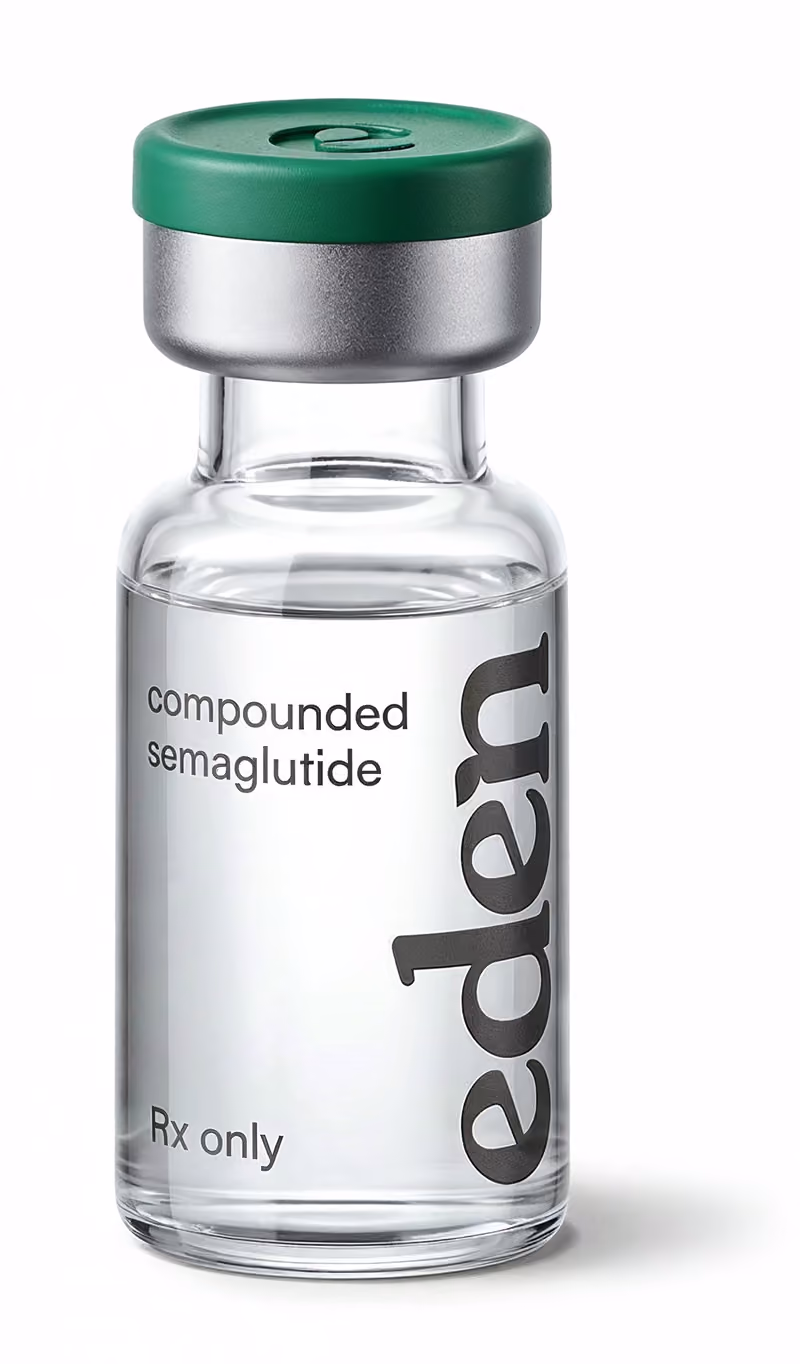 Clear Eden vial with green cap labeled compounded semaglutide.