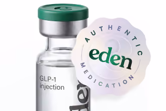 Clear GLP-1 injection vial with green cap and Eden Authentic Medication seal.