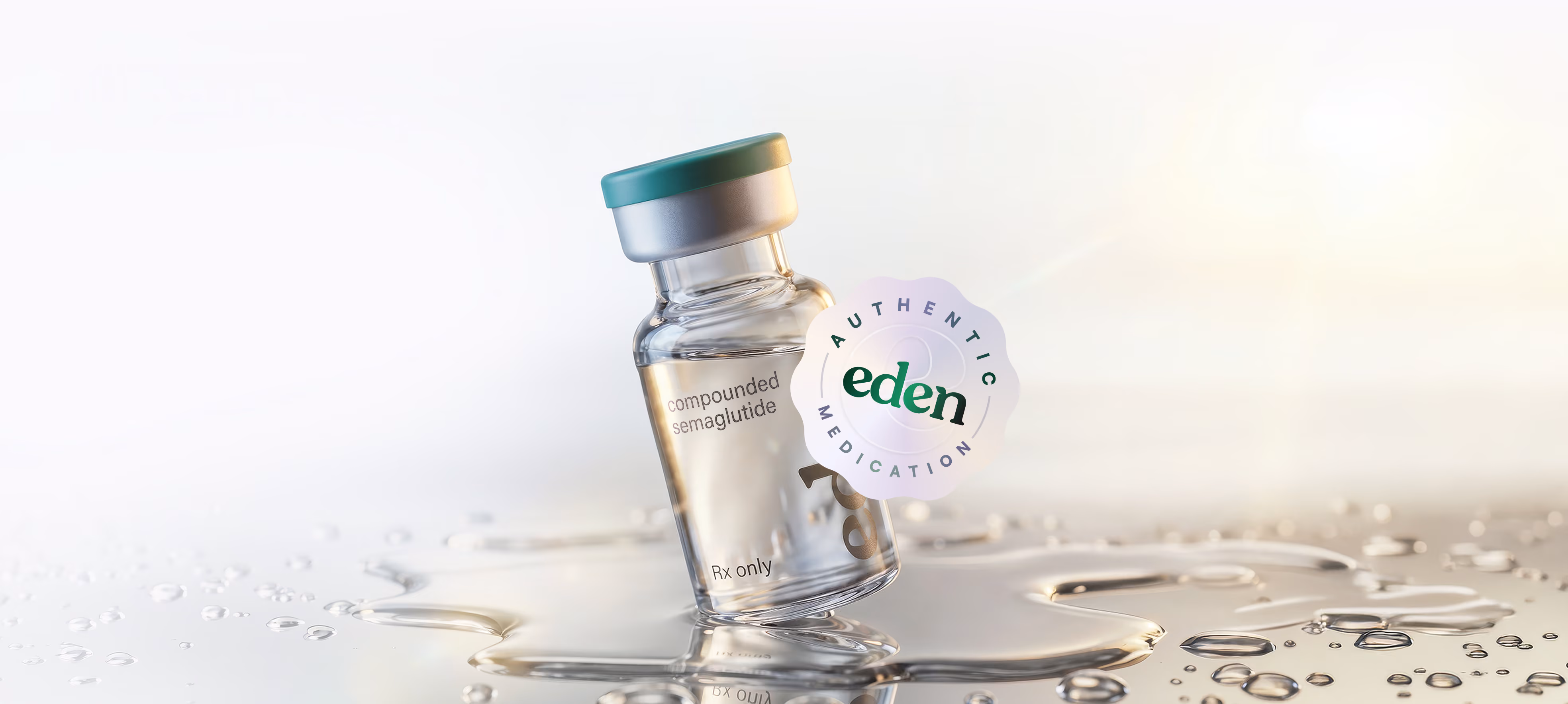 Glass vial labeled compounded semaglutide with Eden authentic medication seal on sunlit reflective surface.