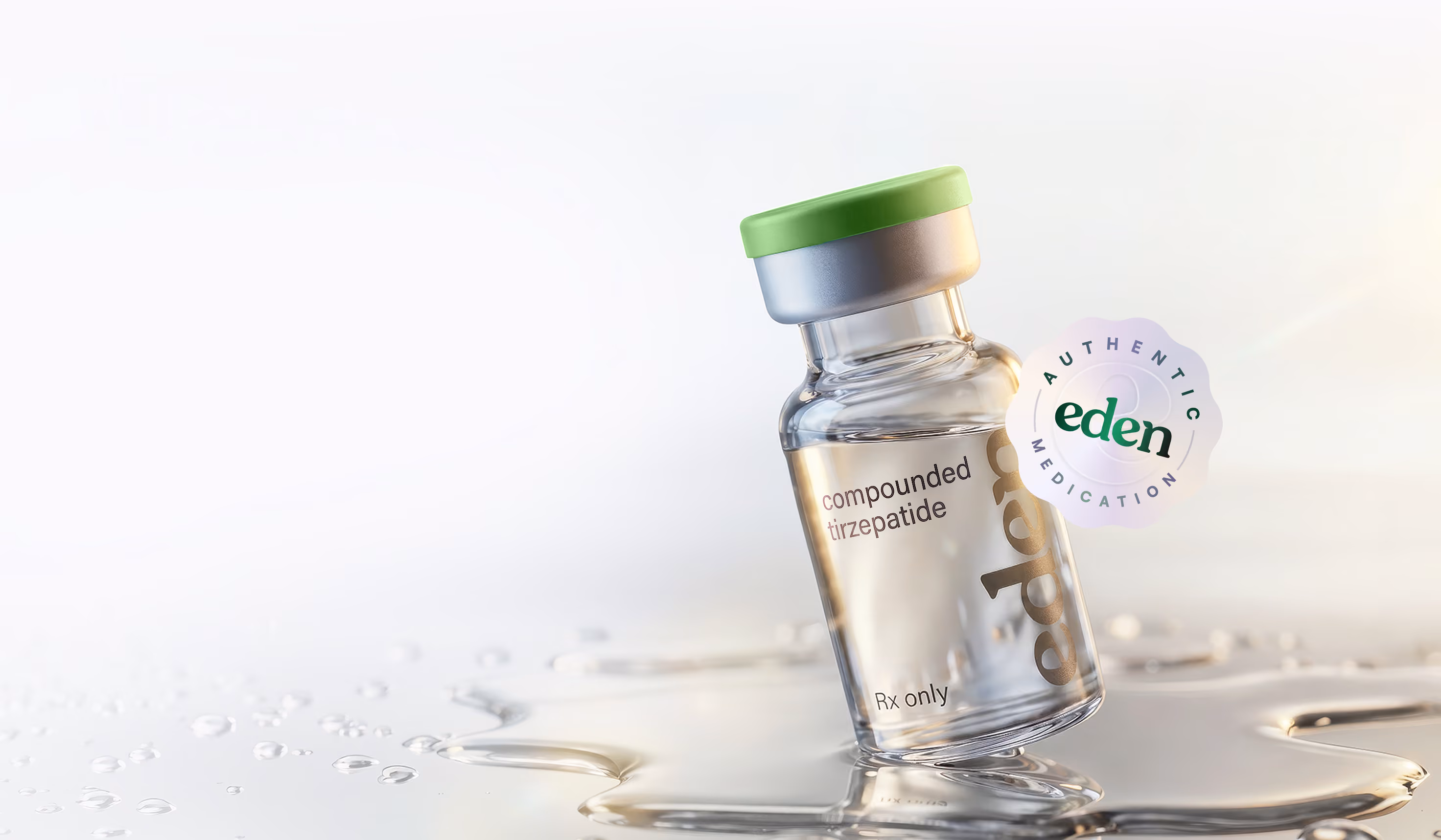 Glass vial labeled compounded tirzepatide with Eden authentic medication seal on sunlit reflective surface.