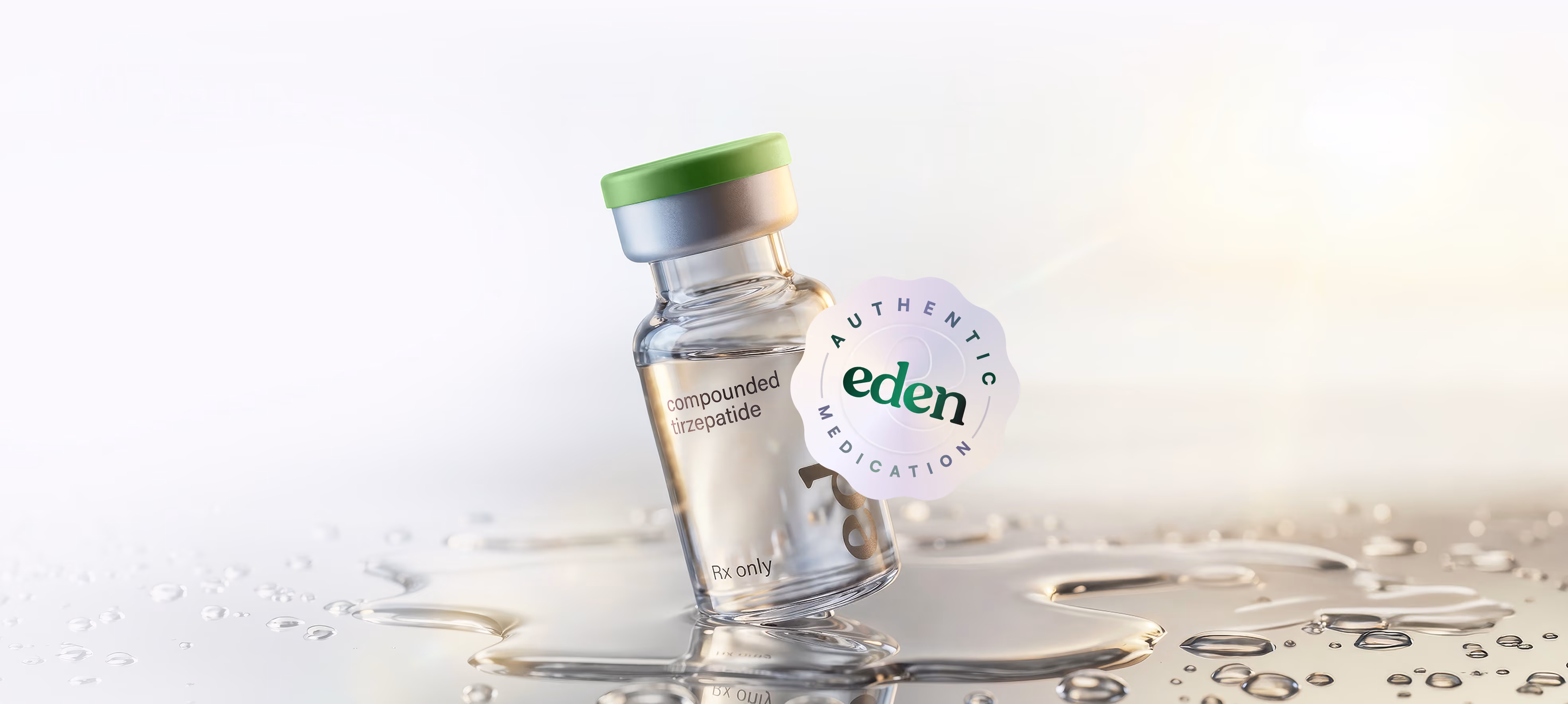 Glass vial labeled compounded tirzepatide with Eden authentic medication seal on sunlit reflective surface.