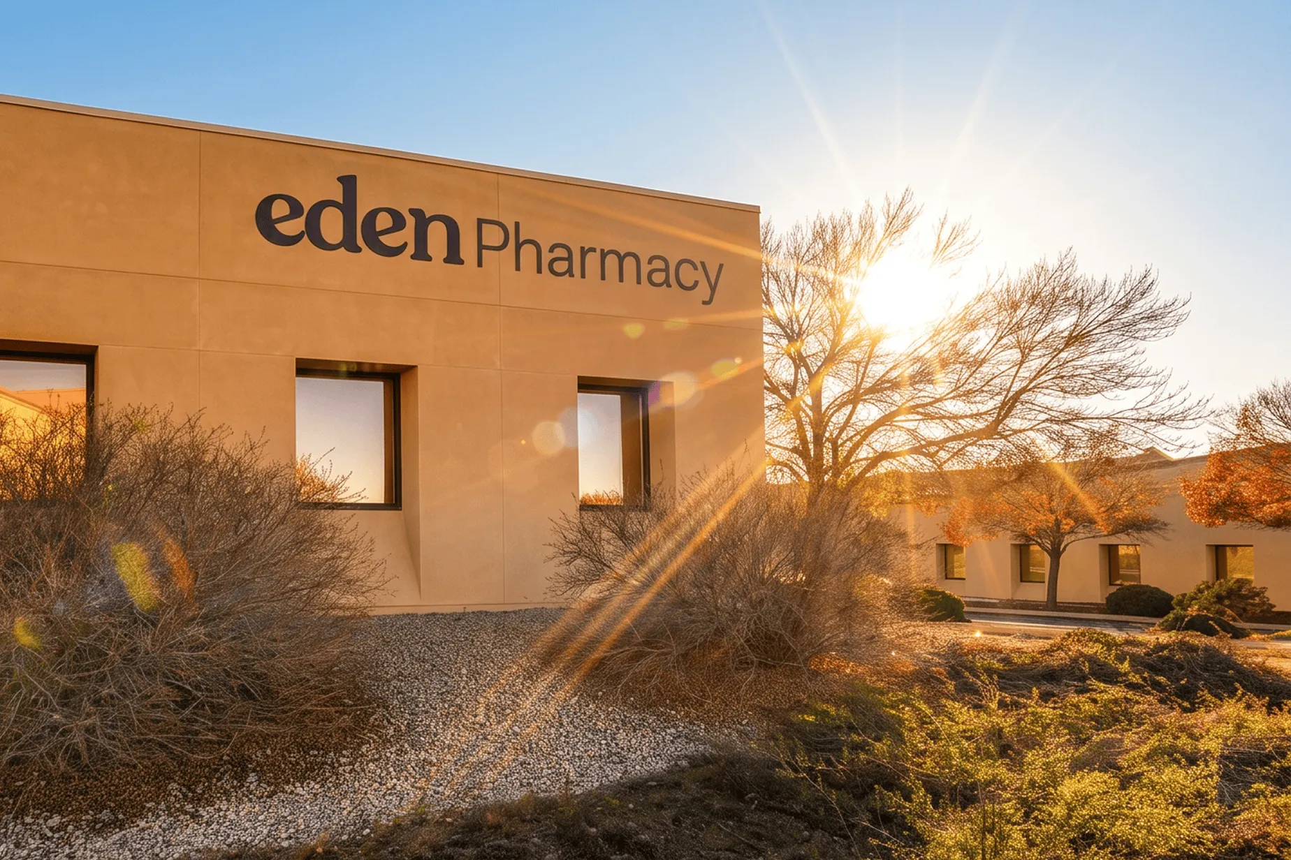 Eden Pharmacy building in Albuquerque at sunset, with the sun flaring over the roofline.