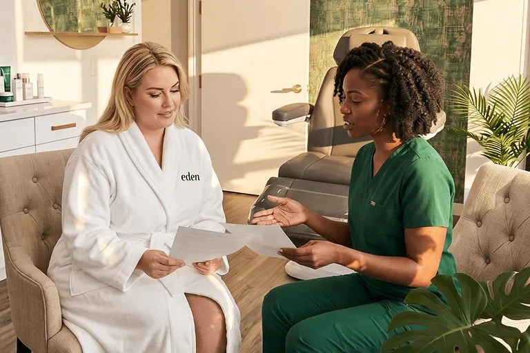 A clinician in green scrubs reviews documents with a woman in a white robe at the Eden Health Club clinic.