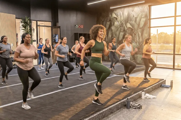 Group of women exercising together in a fitness class at the Eden Health Club studio.