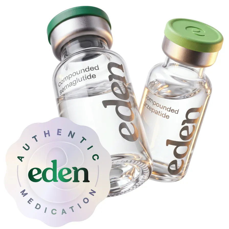 Two Eden vials, one with a grey cap and one with a green cap, beside the Authentic Eden Medication seal.