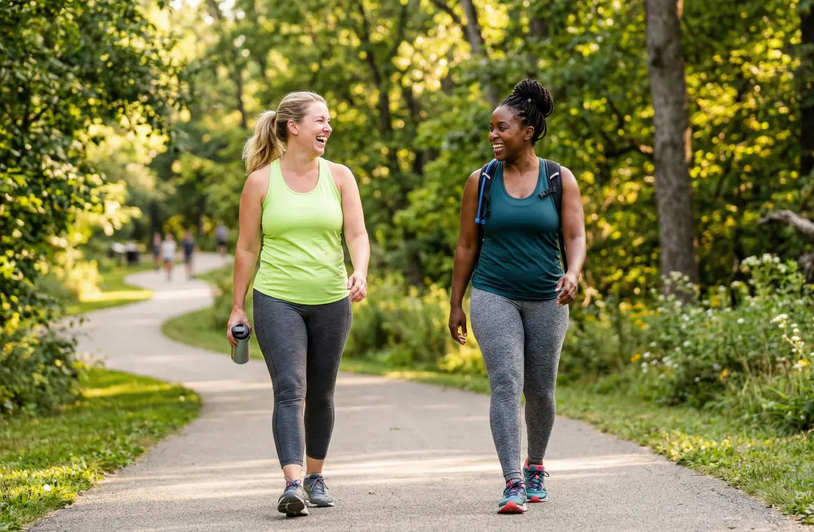 Two women walking on a wooded trail, representing movement and healthy lifestyle support alongside provider-guided GLP-1 care.