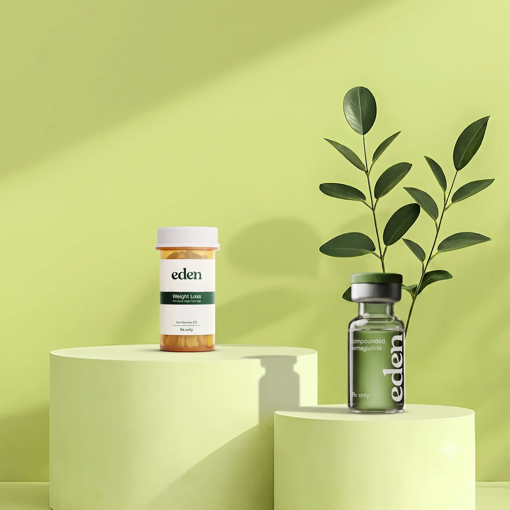 Eden weight loss pill bottle and compounded semaglutide vial with eucalyptus branch, for an article about oral versus injectable GLP-1 medications.