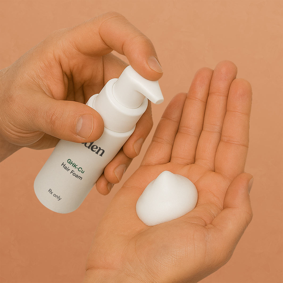GHK-Cu hair foam being dispensed for an article about female pattern hair loss treatment options.