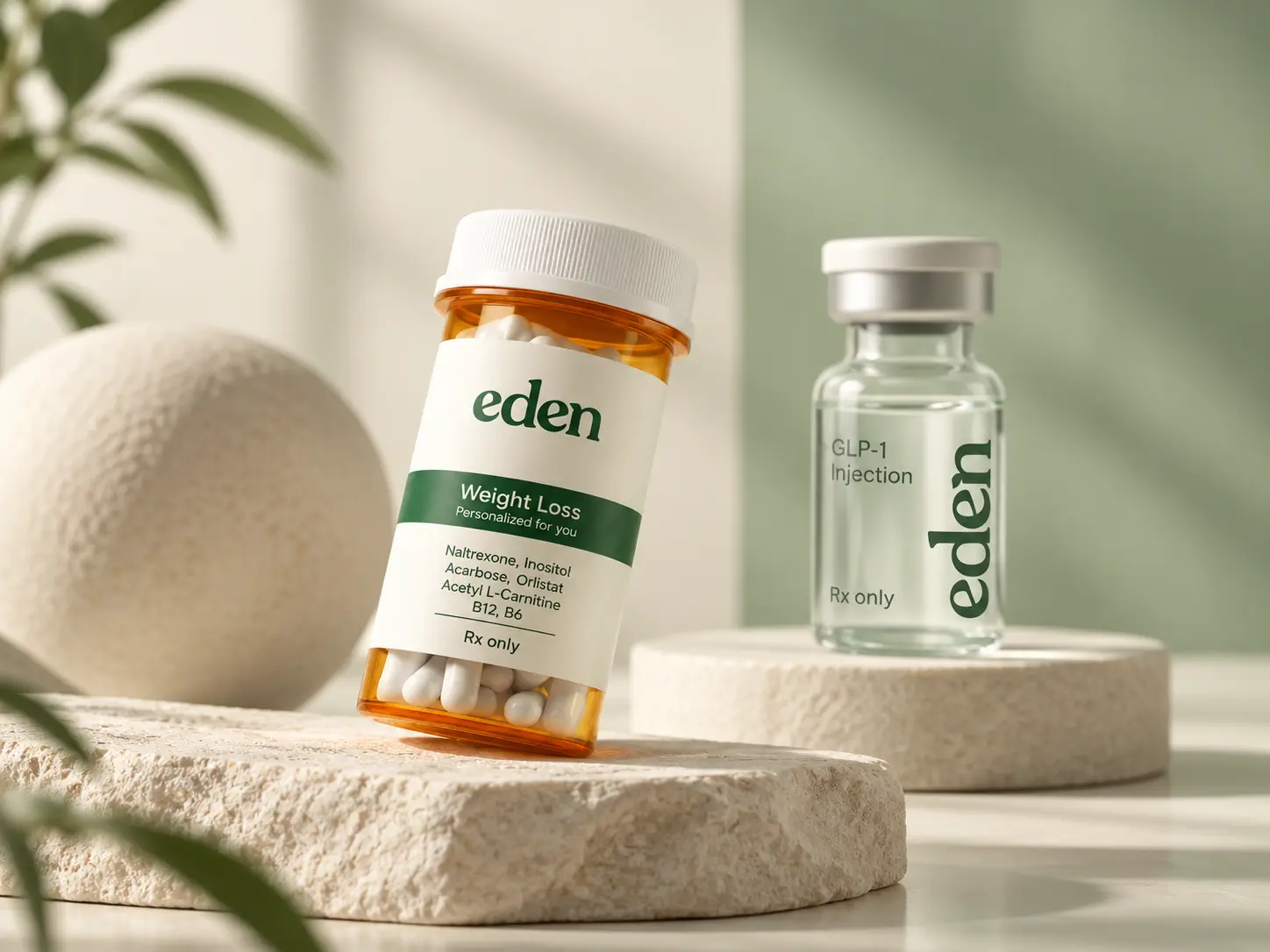 Eden oral weight loss bottle and GLP-1 injection vial for an article about switching from injectable GLP-1s to a pill.