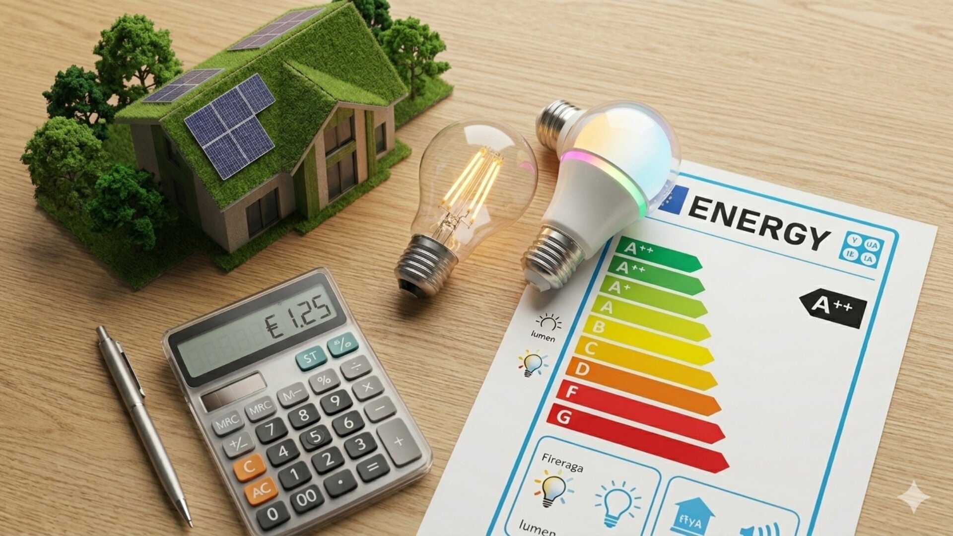 Ein Energieausweis mit farbiger Effizienzskala von A bis G neben einem Taschenrechner, einem Hausmodell und zwei Glühbirnen.