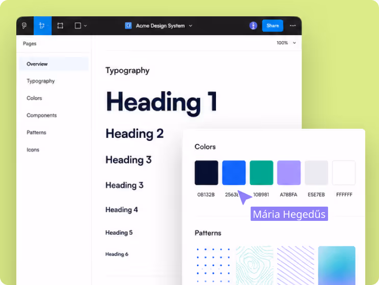 Mockup of the brand's Figma file showing typography and color styles.