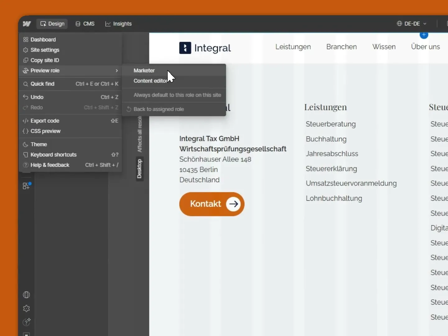 Integral website in the Webflow Designer