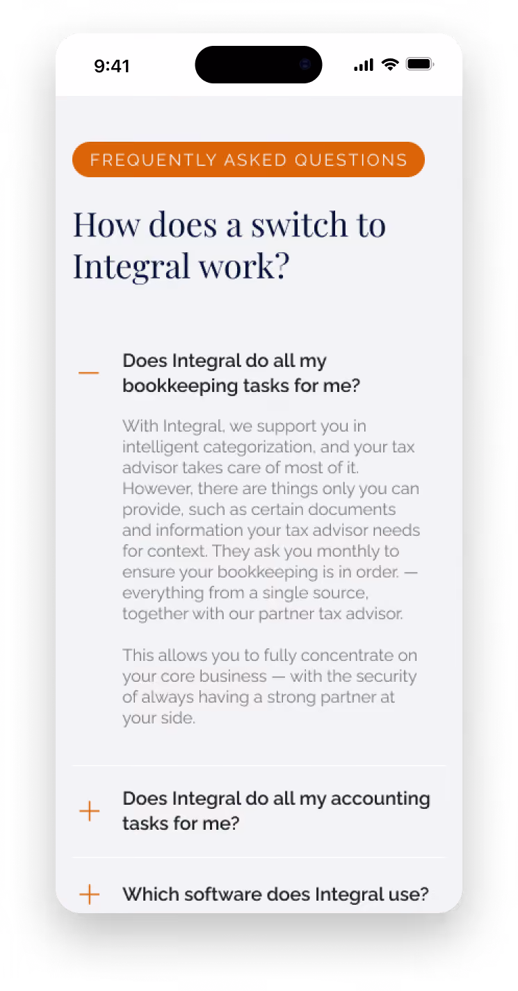 Mobile mockup of the Integral FAQ section