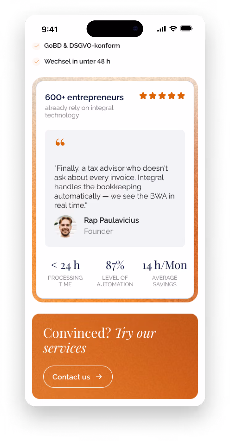 Mobile mockup of Integral customer results and a testimonial