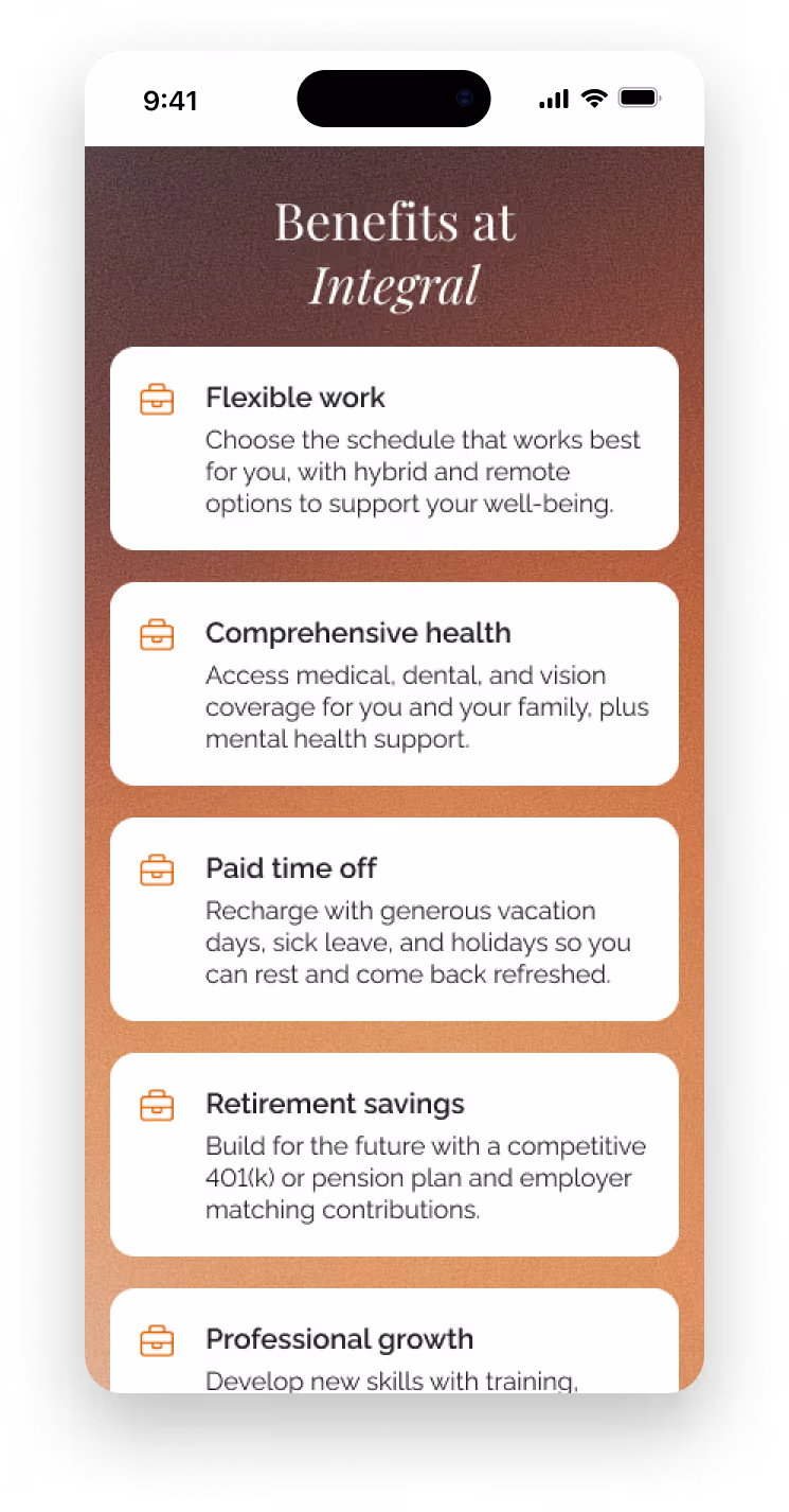 Mobile mockup of the Integral employee benefits section