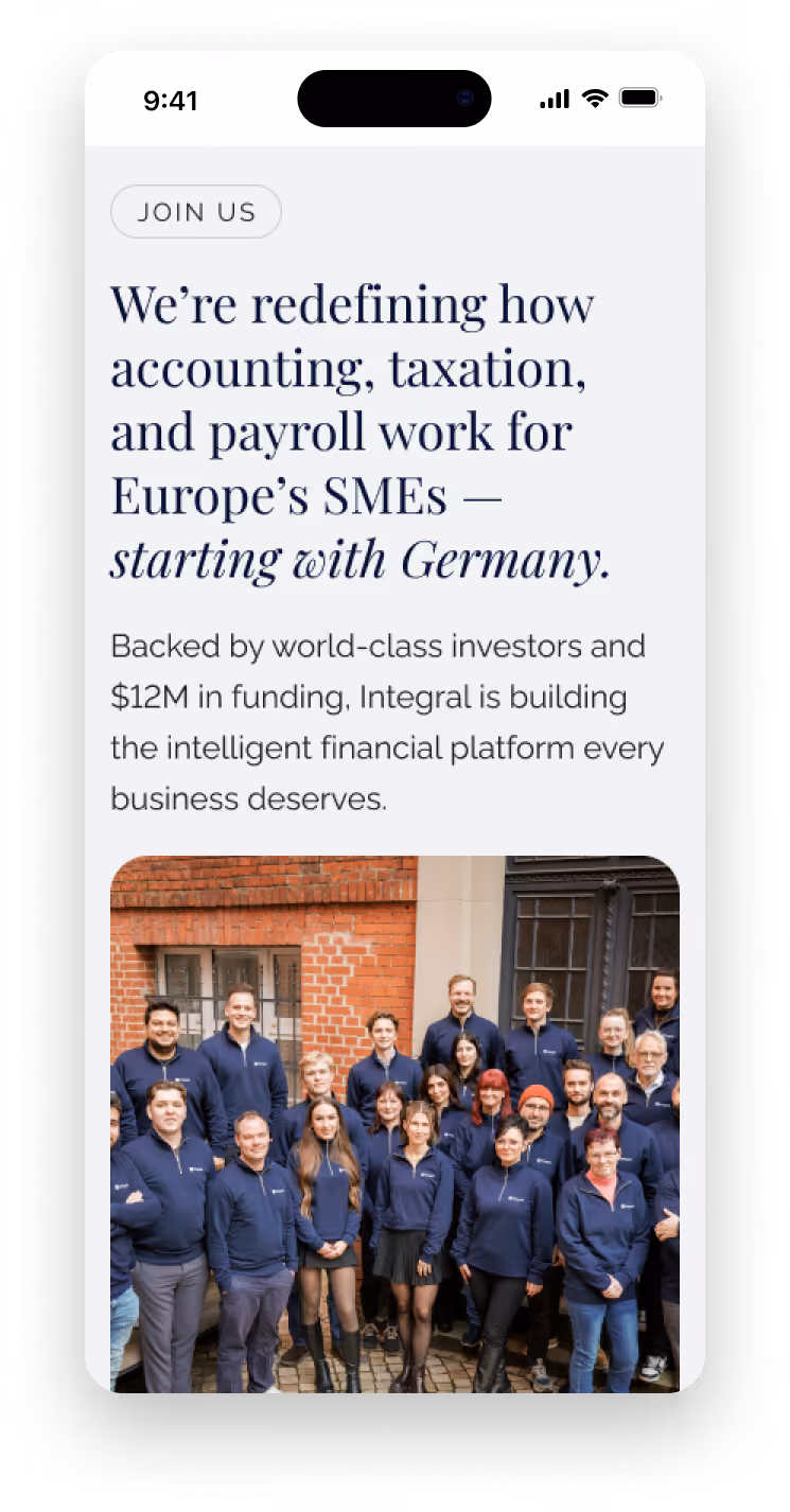 Mobile mockup of the Integral About page with a team photo