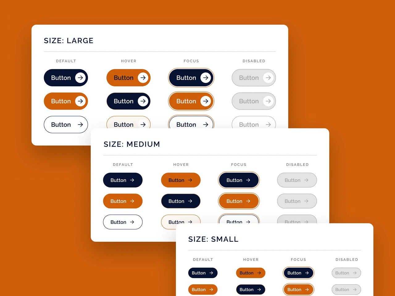 Integral button component in large, medium and small sizes, showing default, hover, focus and disabled states
