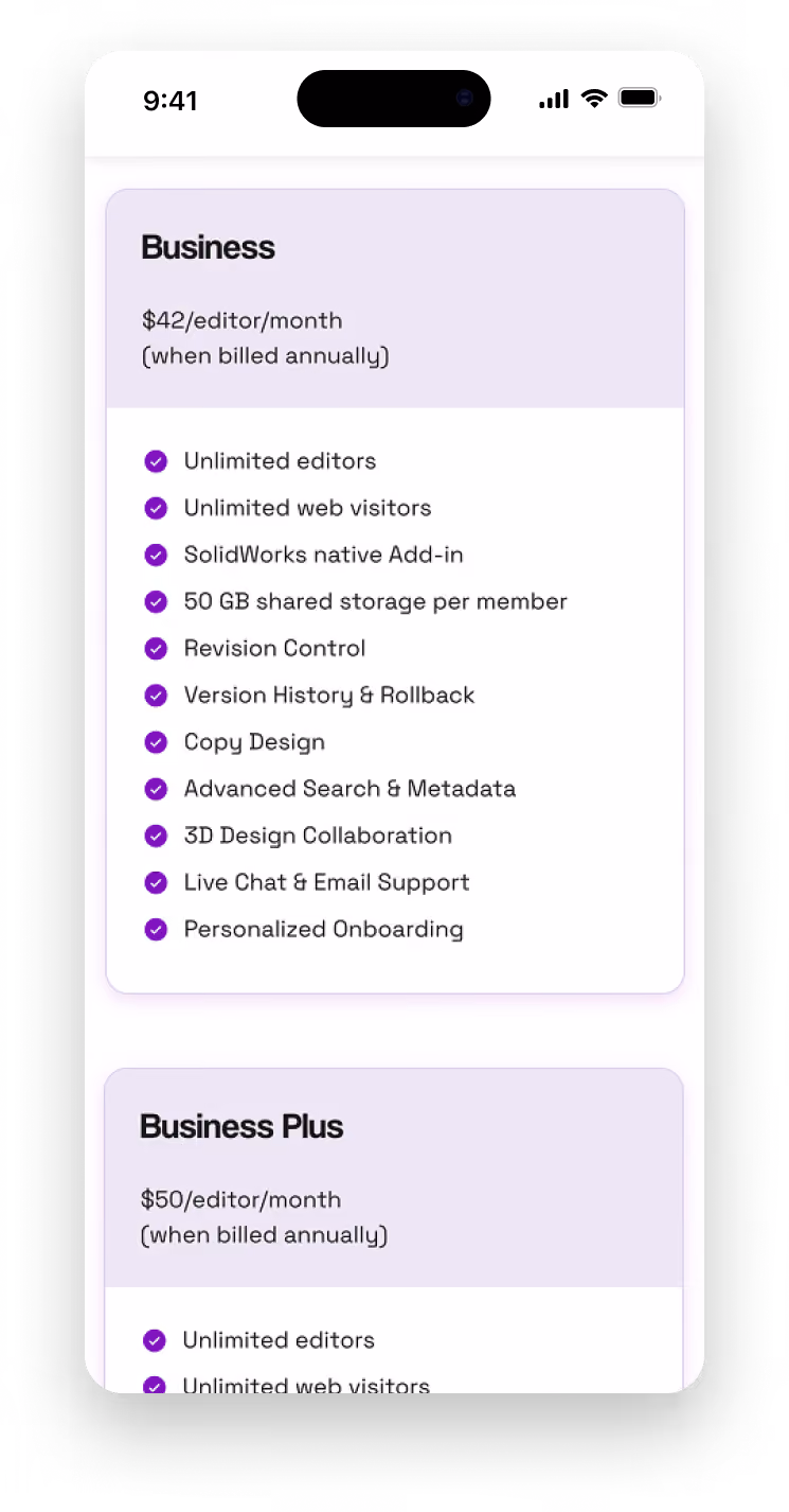 Mobile mockup of the Sibe pricing plans