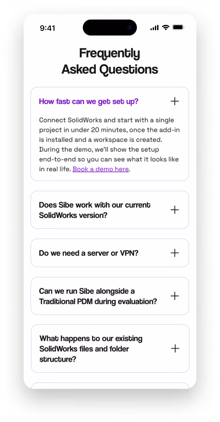 Mobile mockup of the Sibe FAQ section