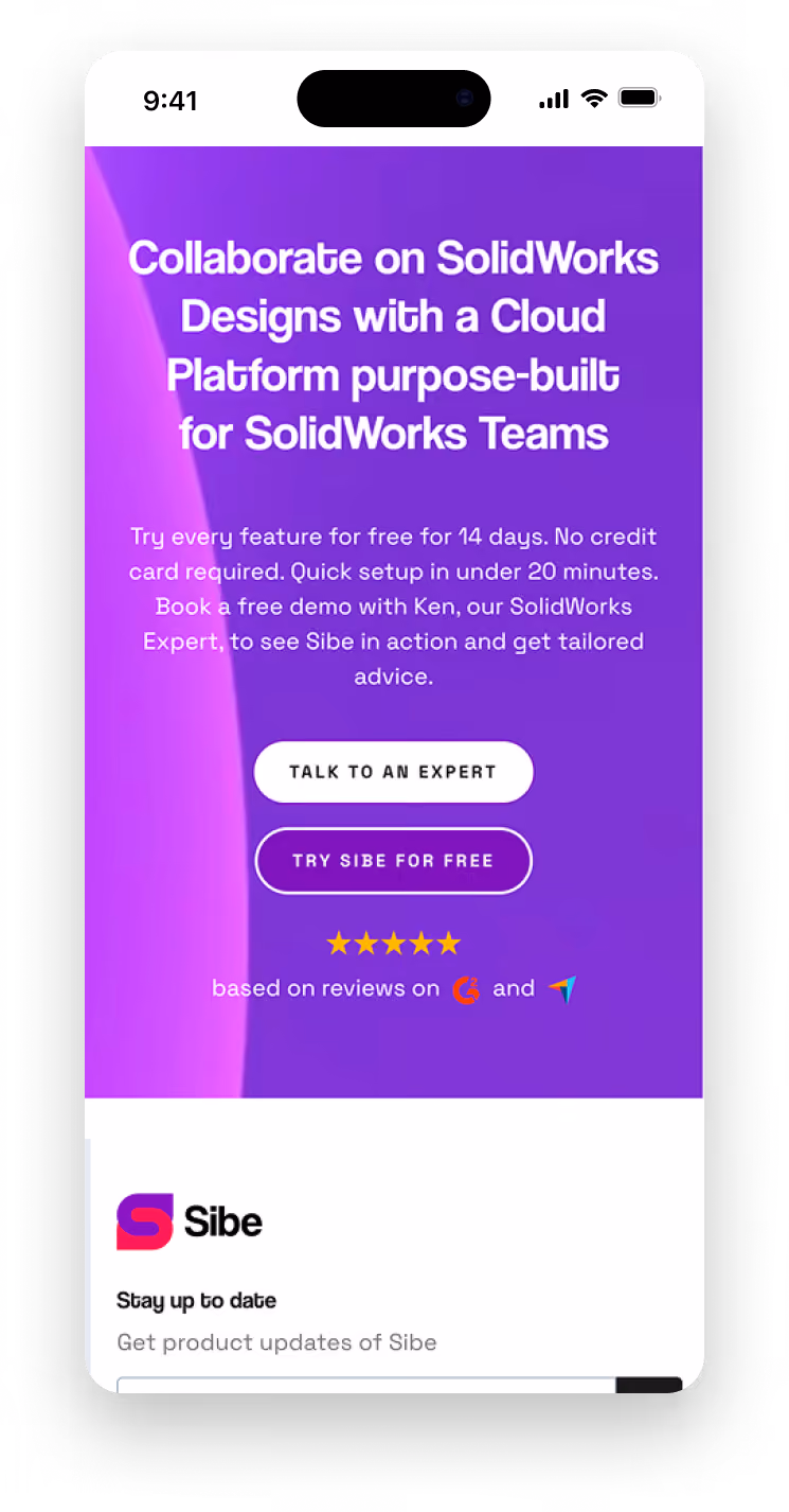 Mobile mockup of the Sibe call to action and footer