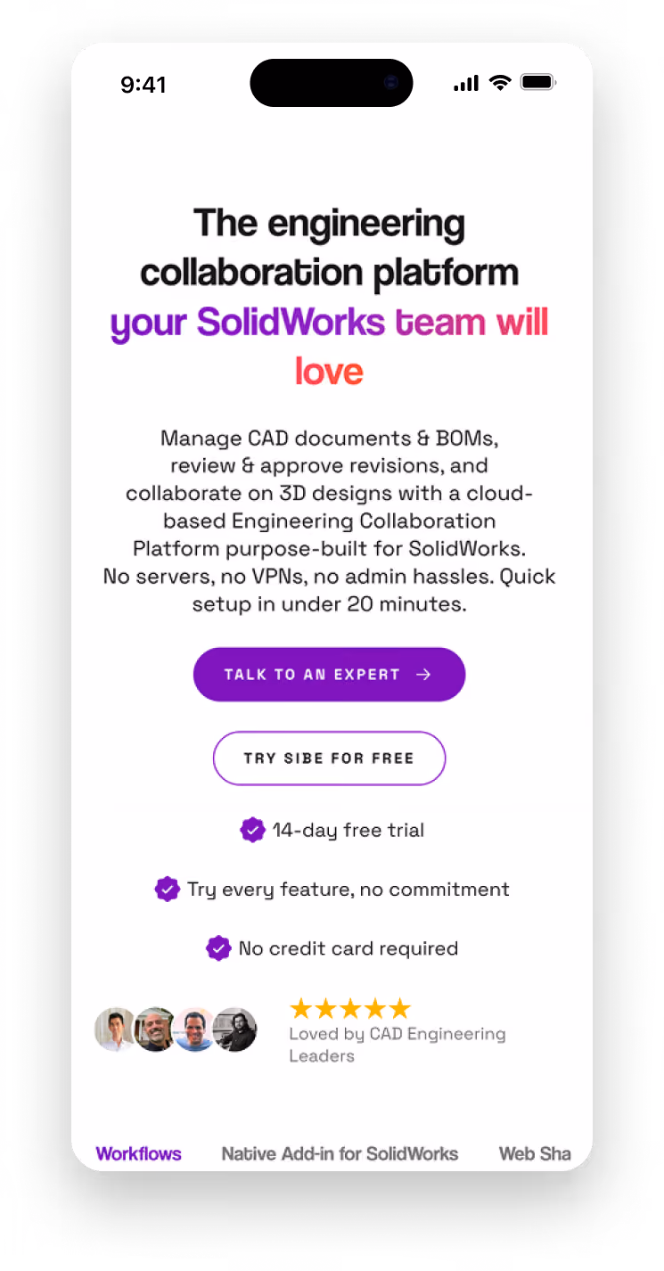 Mobile mockup of the Sibe homepage hero