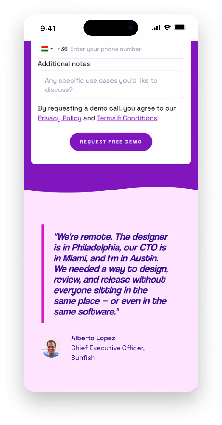 Mobile mockup of the Sibe demo request form and a customer quote