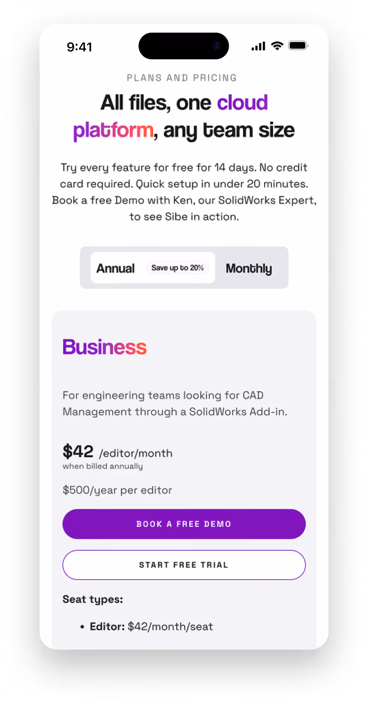 Mobile mockup of the Sibe pricing page