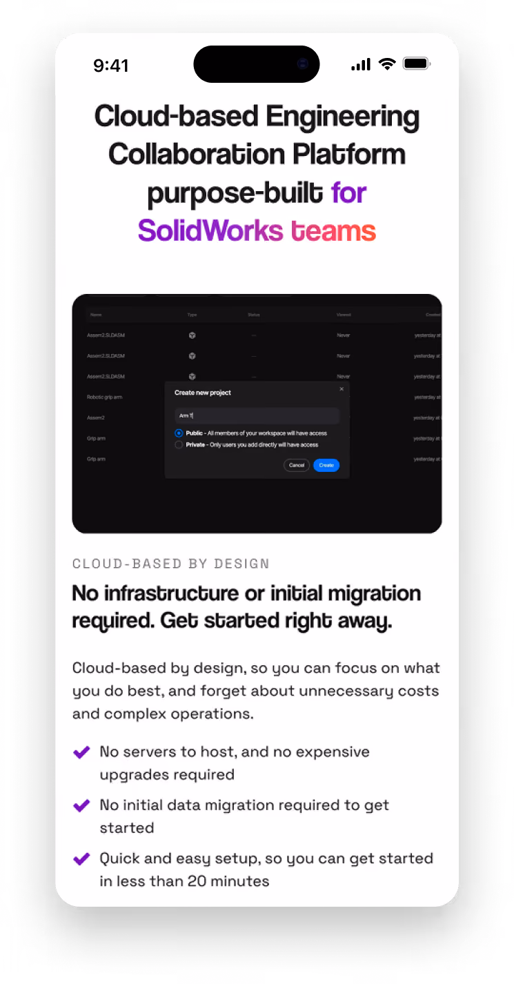 Mobile mockup of the Sibe cloud-based platform section