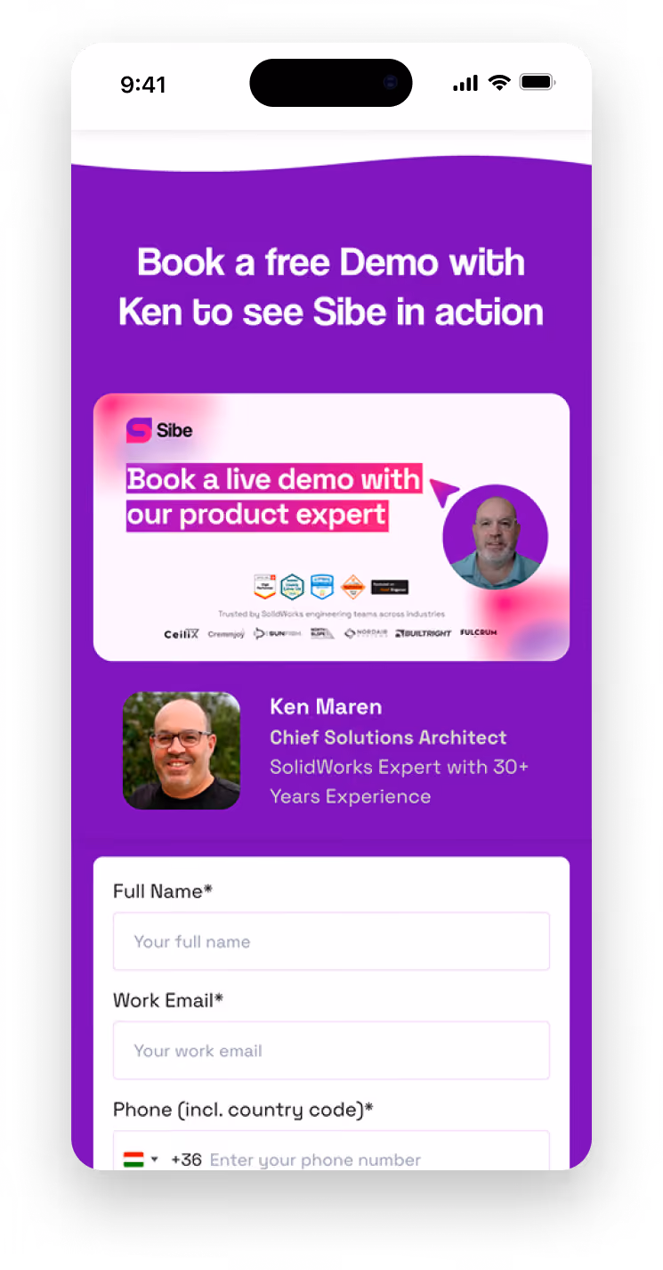 Mobile mockup of the Sibe demo booking page
