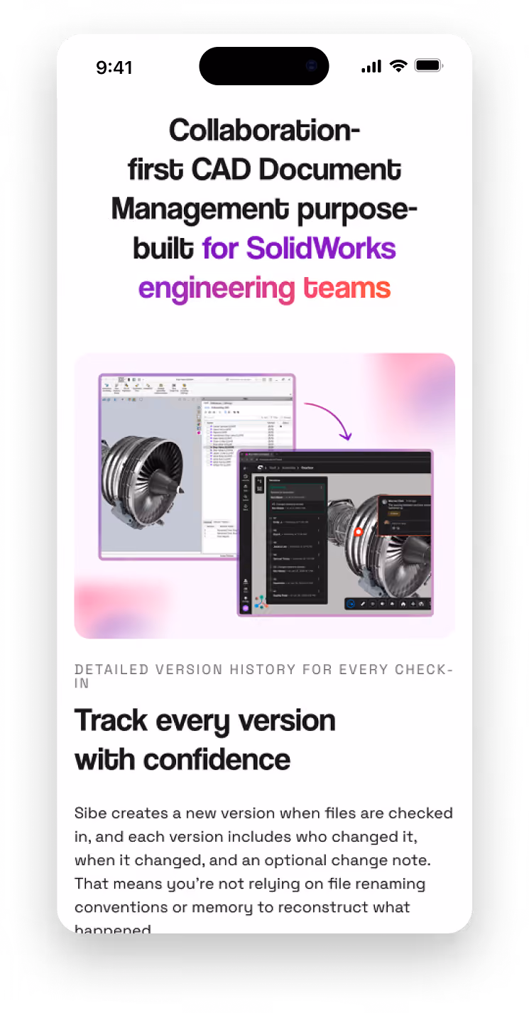 Mobile mockup of Sibe CAD version history