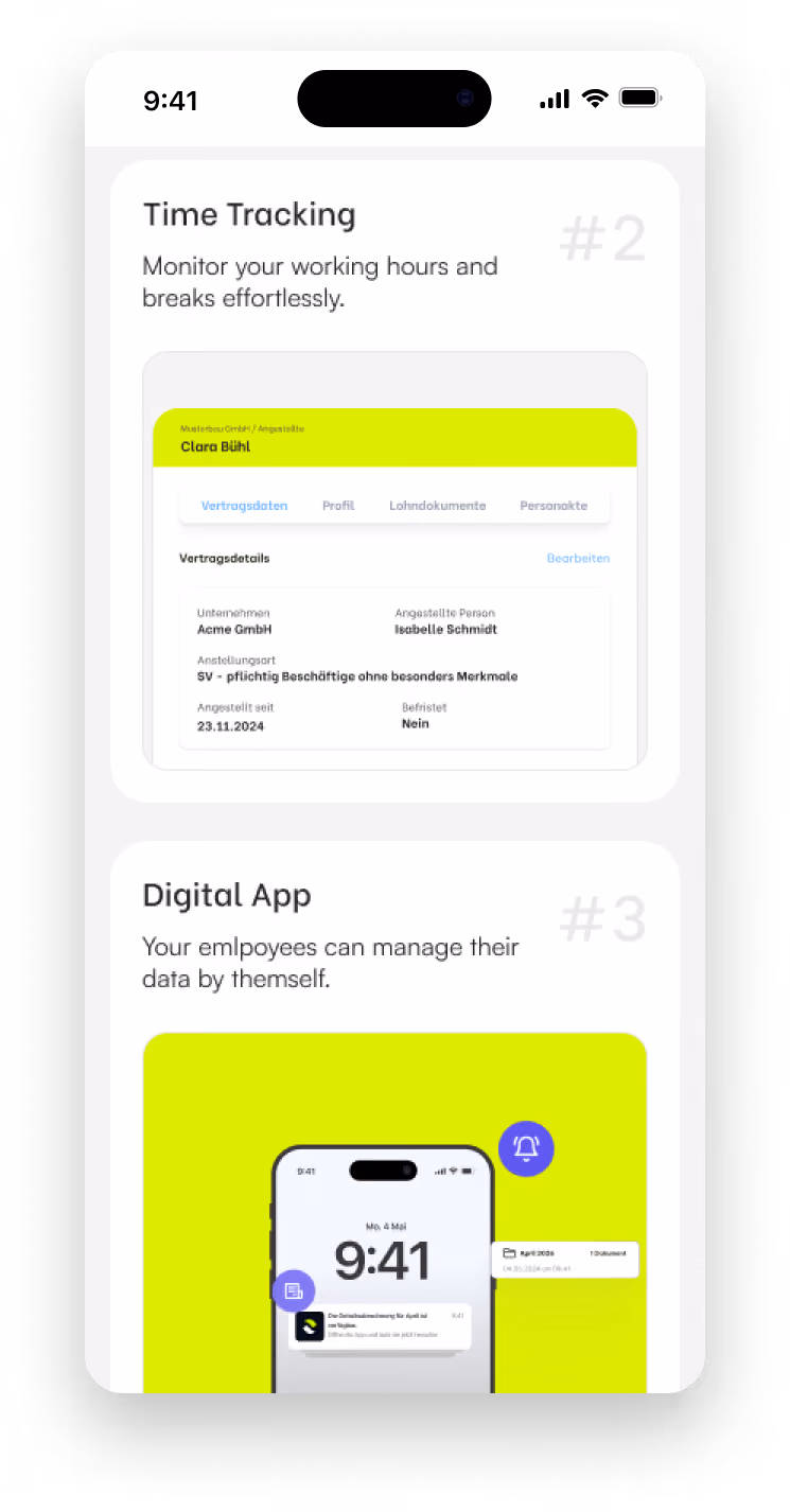 Mobile mockup of Cleverlohn time tracking and app features
