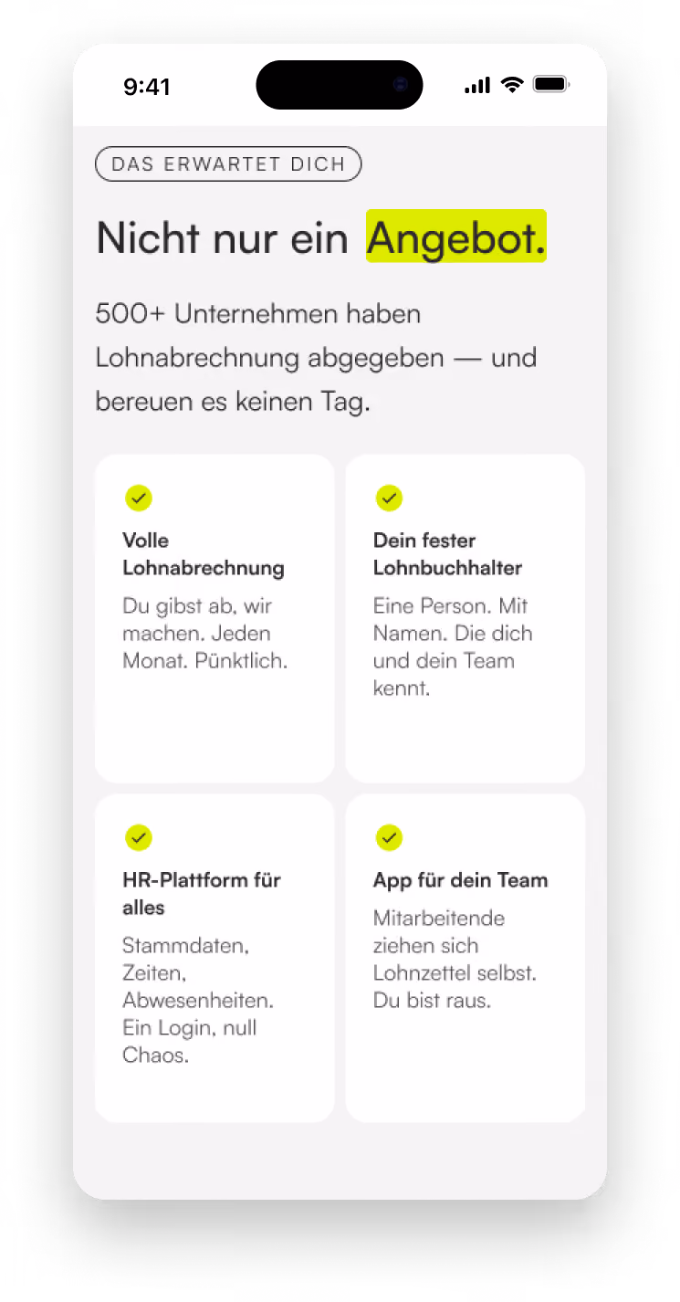 Mobile mockup of the Cleverlohn service offering
