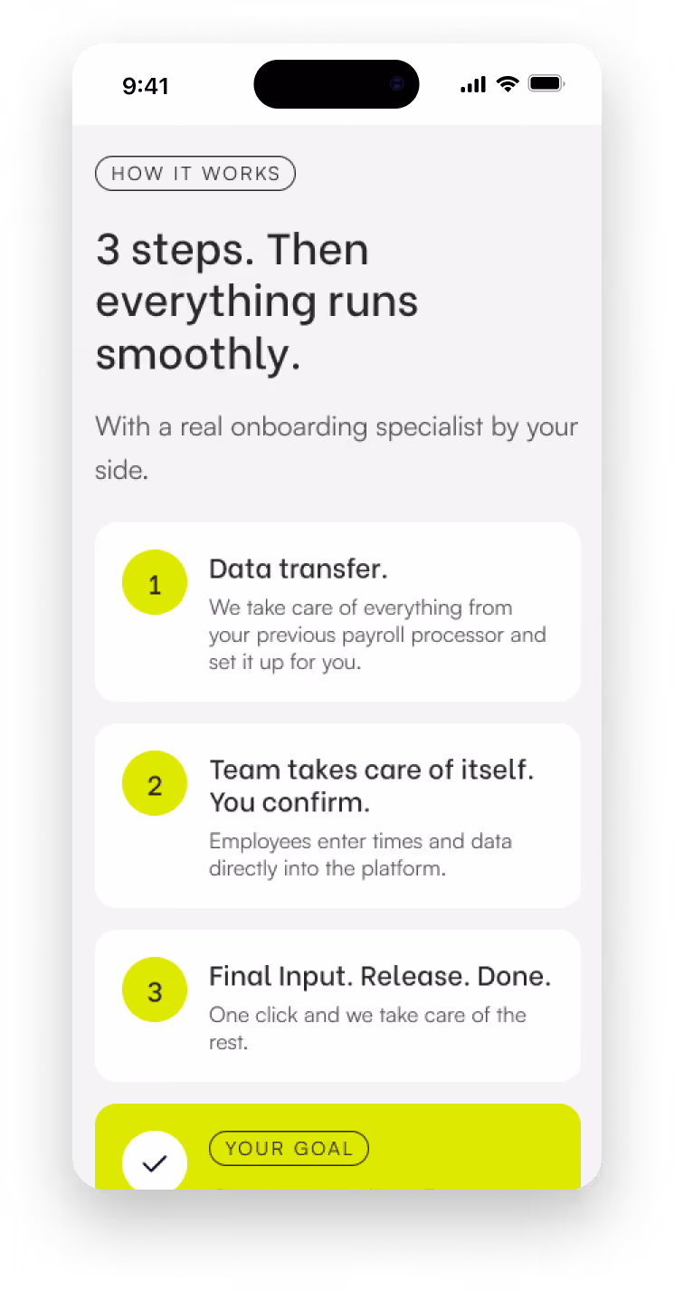 Mobile mockup of the Cleverlohn three-step onboarding