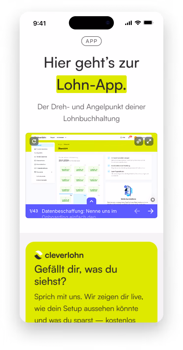 Mobile mockup of the Cleverlohn payroll app section