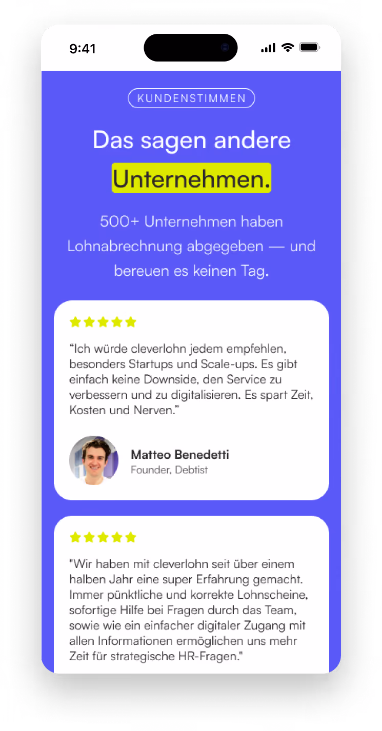 Mobile mockup of Cleverlohn customer testimonials