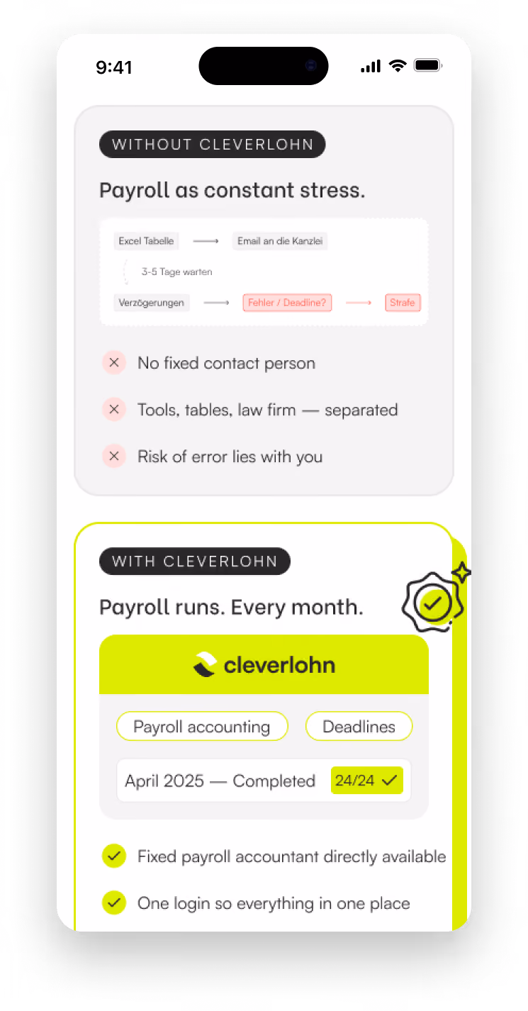 Mobile mockup comparing payroll with and without Cleverlohn