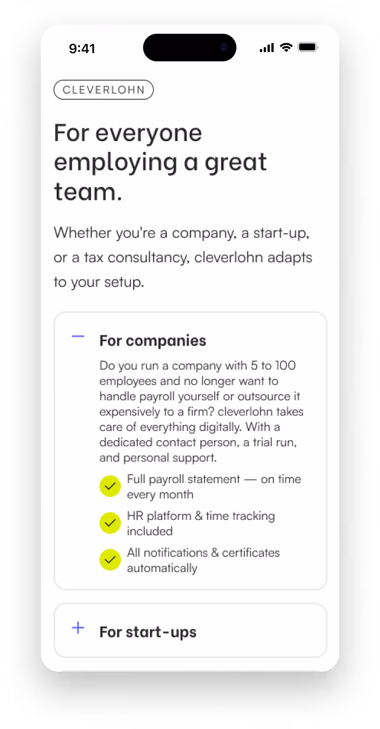 Mobile mockup of the Cleverlohn offering for companies and start-ups