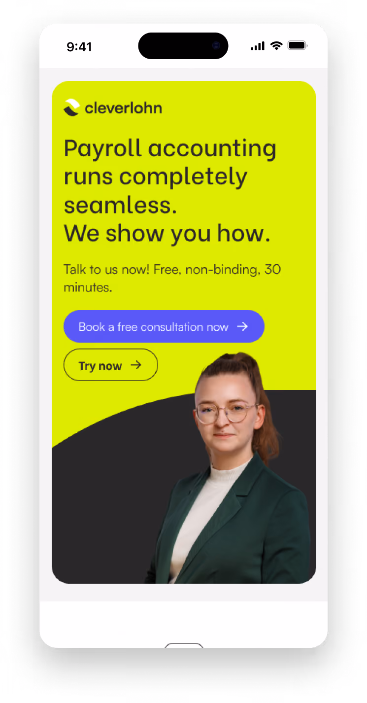 Mobile mockup of the Cleverlohn free consultation call to action