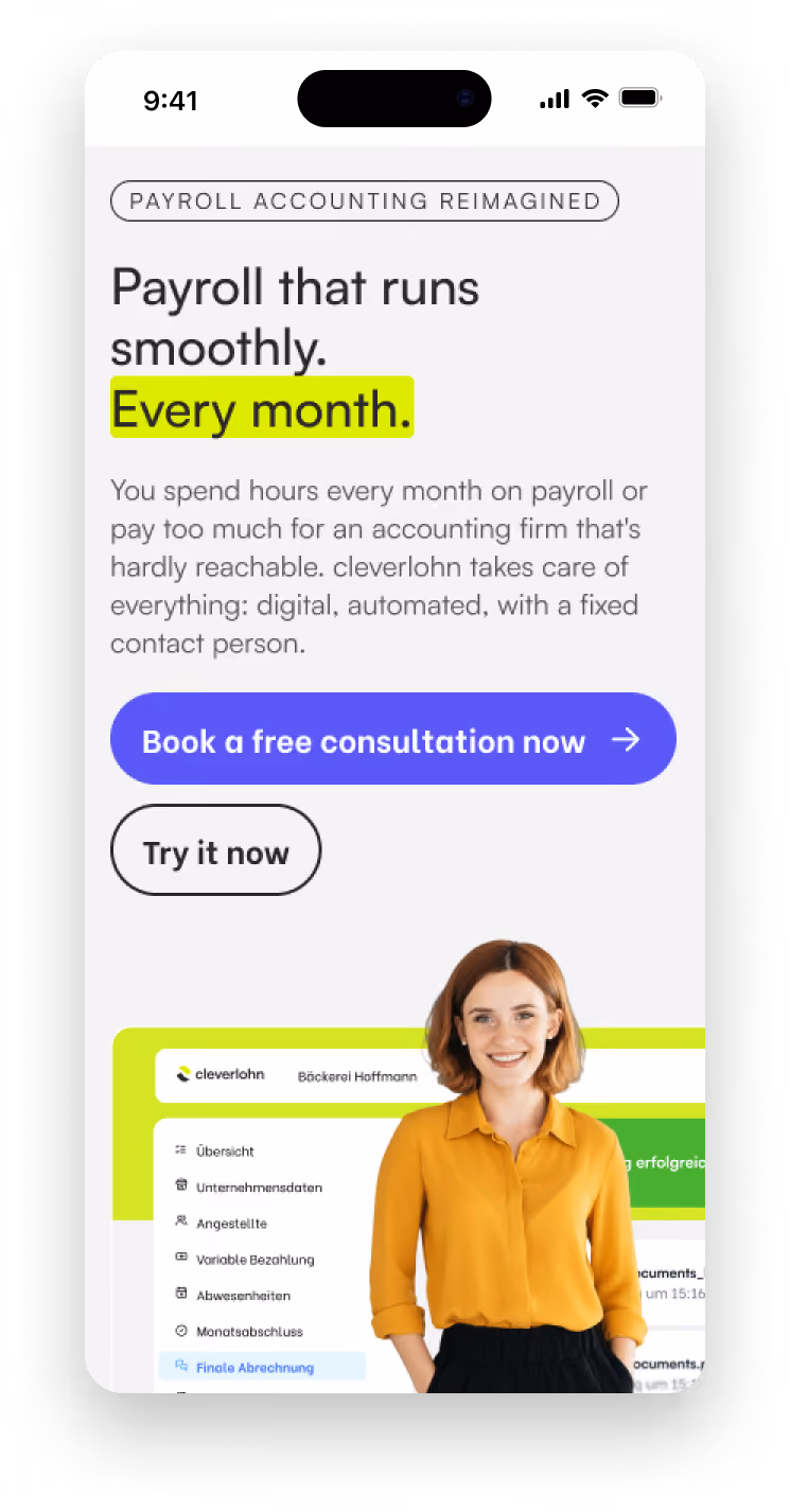 Mobile mockup of the Cleverlohn homepage hero