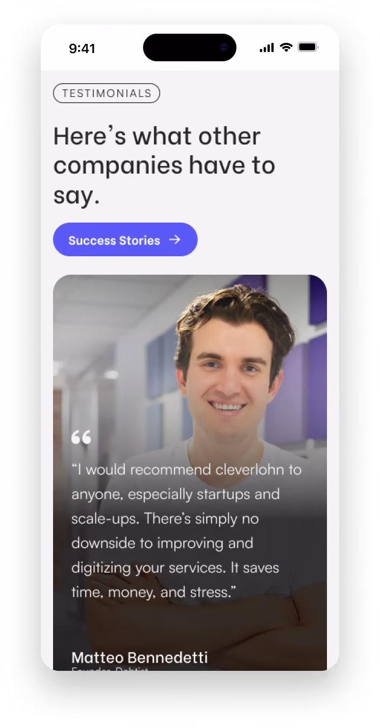 Mobile mockup of a Cleverlohn customer testimonial