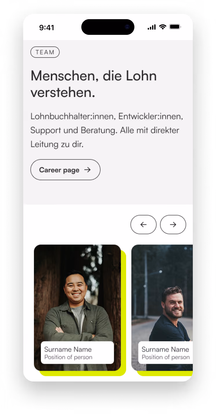 Mobile mockup of the Cleverlohn team section