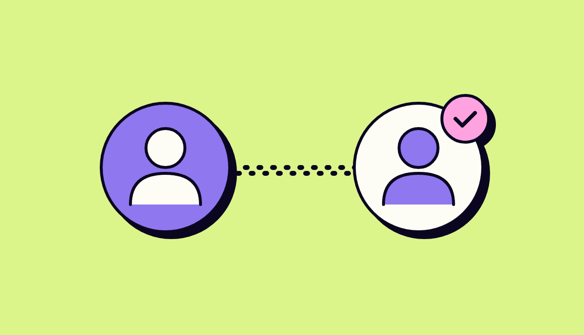 Two user avatars linked by a dotted line, the second marked with a checkmark, showing a completed handover
