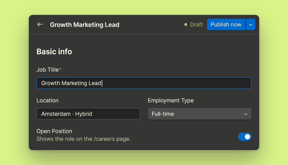 Webflow CMS item editor for a "Growth Marketing Lead" job post with job title, location, employment type and an open-position toggle